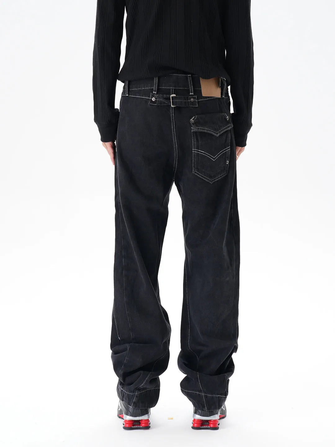 Black contrast colour loose machete denim jeans for men, wide leg trousers with zipper fly