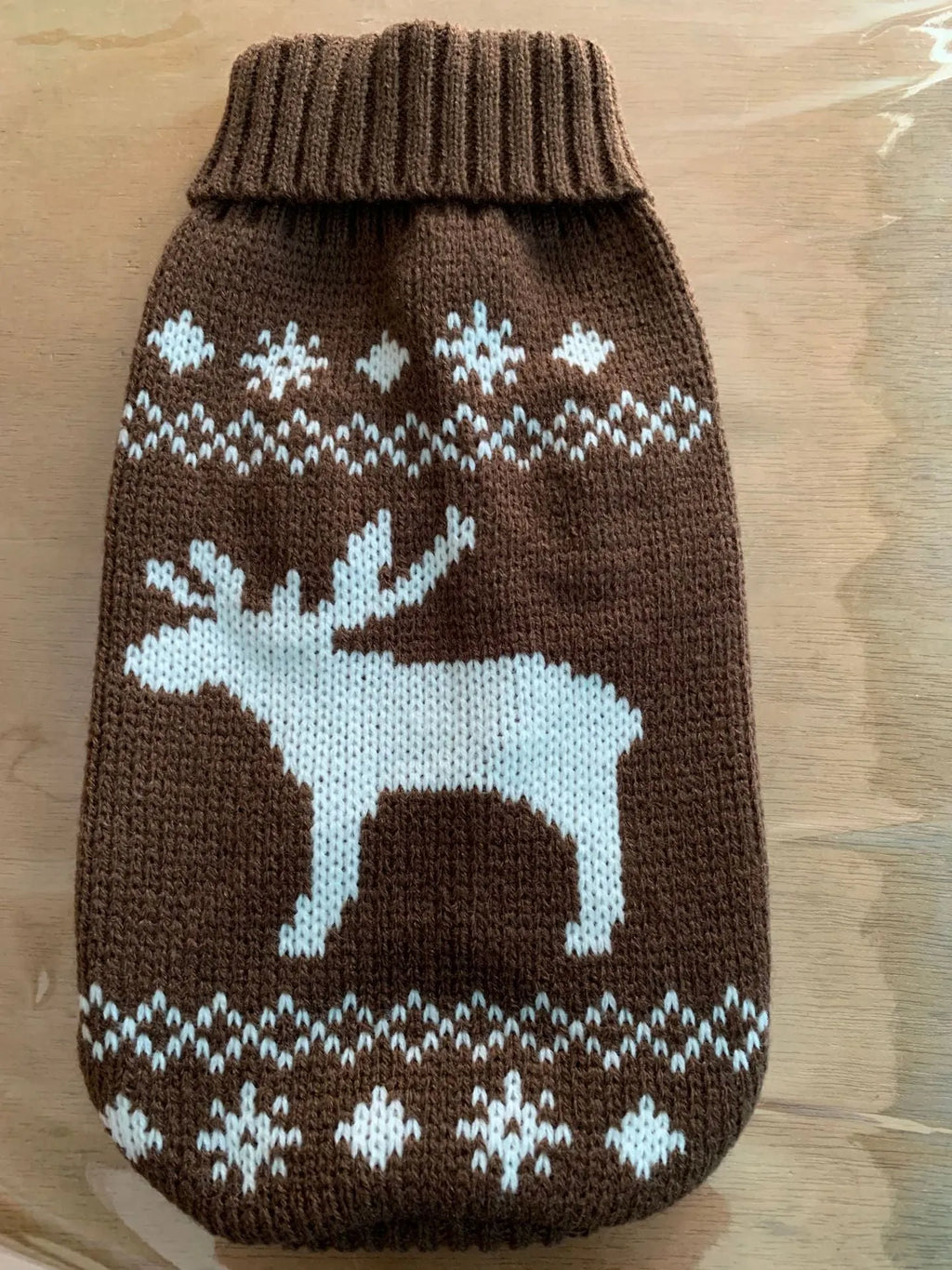 Warm acrylic dog sweater in coffee deer pattern, autumn winter pet clothes, sizes No 6 to No 16