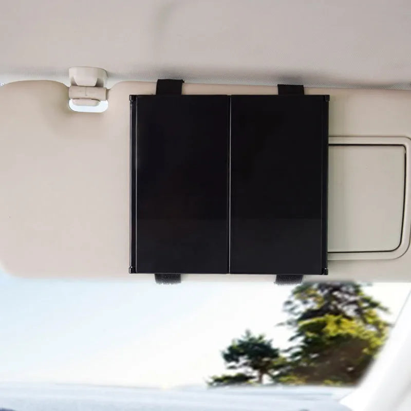 Silver car folding makeup mirror shown open and closed with dimensions