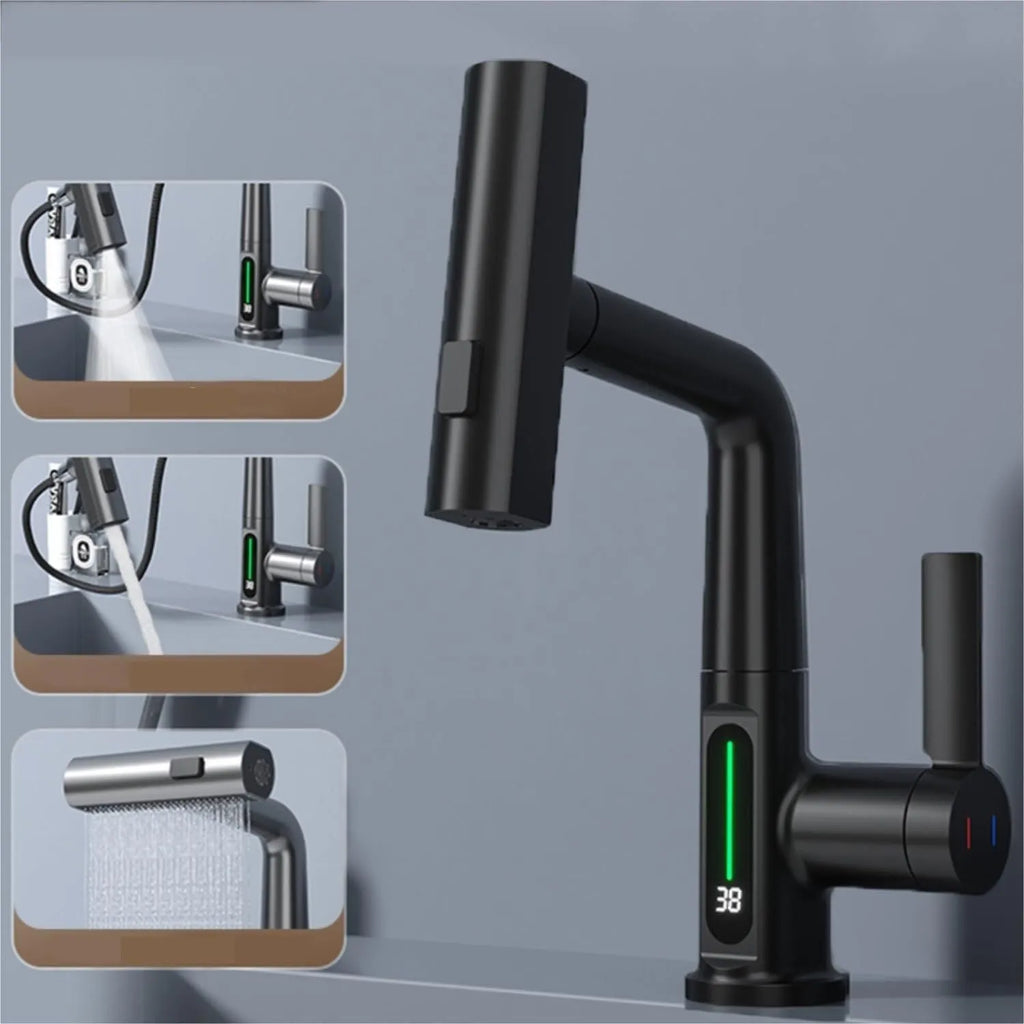 Digital display kitchen tap with pull-out spray hose showing temperature readout