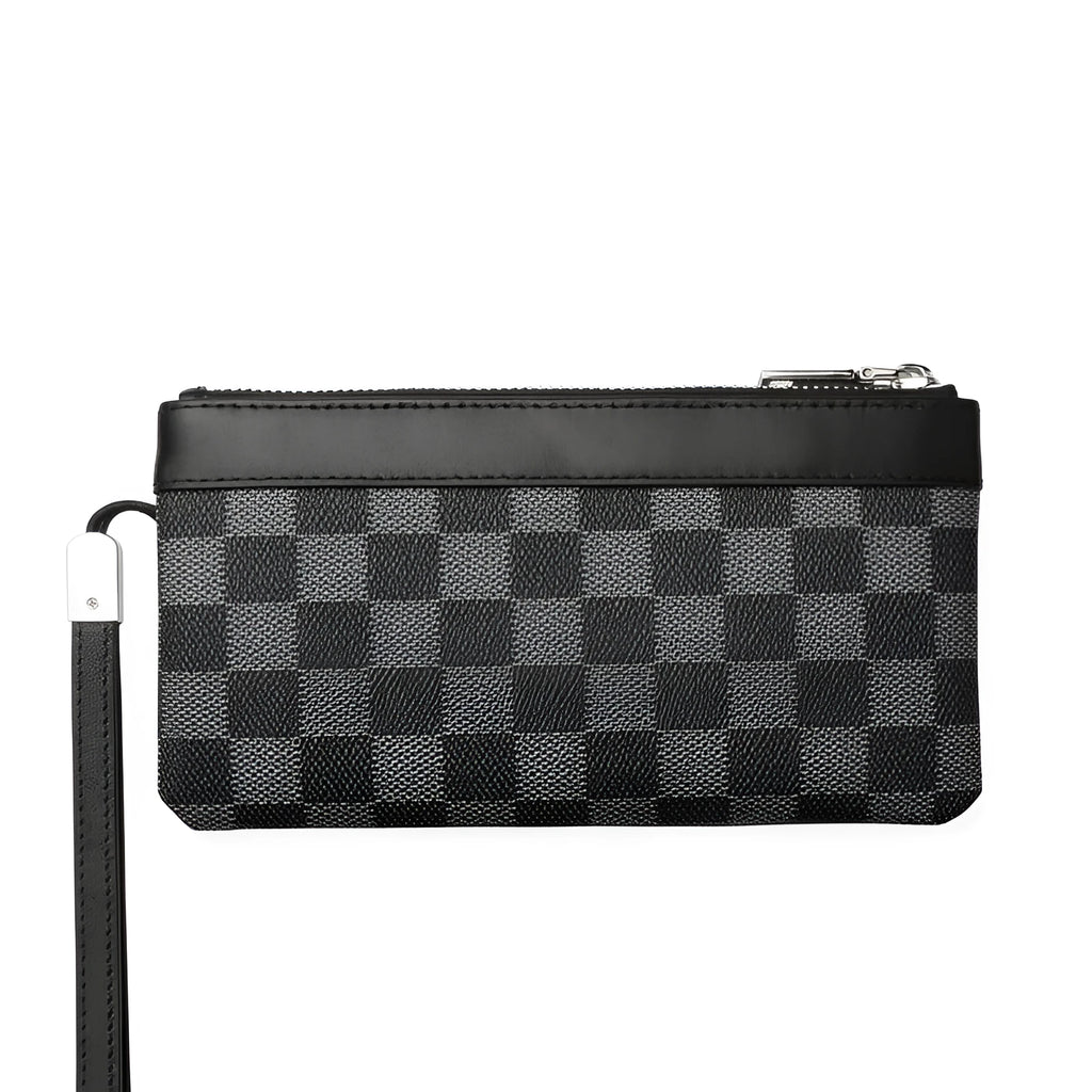 Black genuine cowhide leather men's clutch wallet, shown closed, measuring 20 by 10 centimetres.