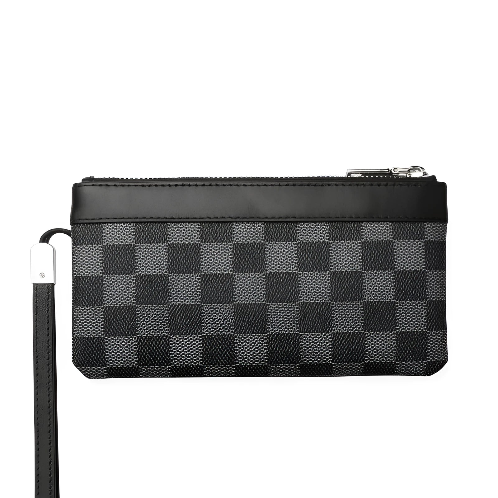Black genuine cowhide leather men's clutch wallet, shown closed, measuring 20 by 10 centimetres.