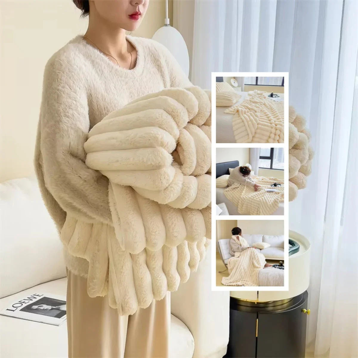 Luxurious faux rabbit fur blanket in various soft and cozy colors, featuring a thick and plush design for maximum warmth and comfort.