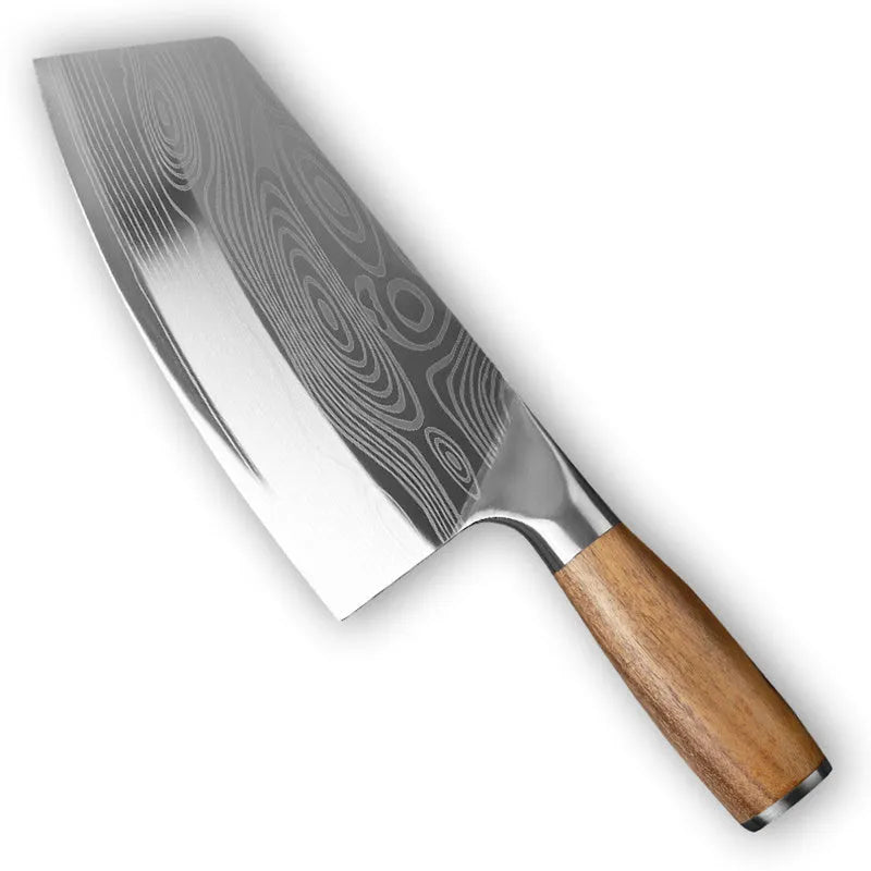 320mm long stainless steel kitchen knife with a 40cr13 blade on a kitchen counter.