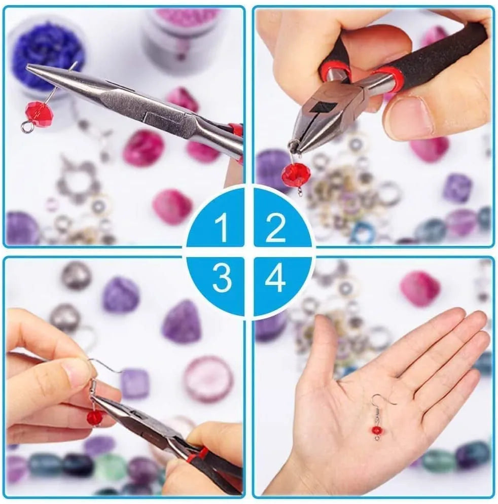 Open jewellery making repair kit with metal beads, copper wire, thread threaders, and pliers in a 23x13x8cm box