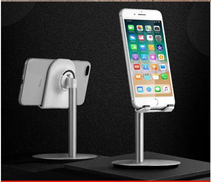 Silver metal computer phone holder desktop stand showing mobile device placement