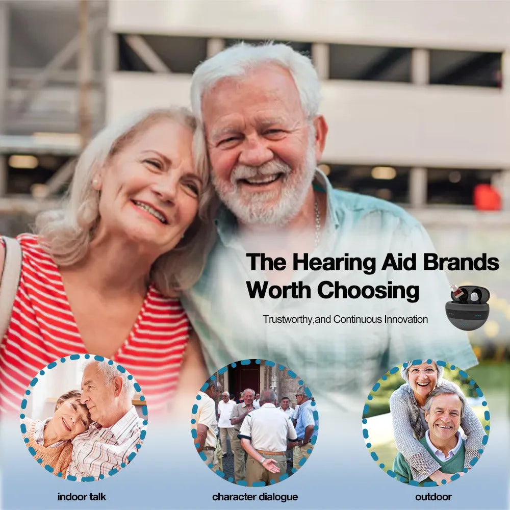 C700 red and blue in-ear digital hearing aid with charging case and earplugs.