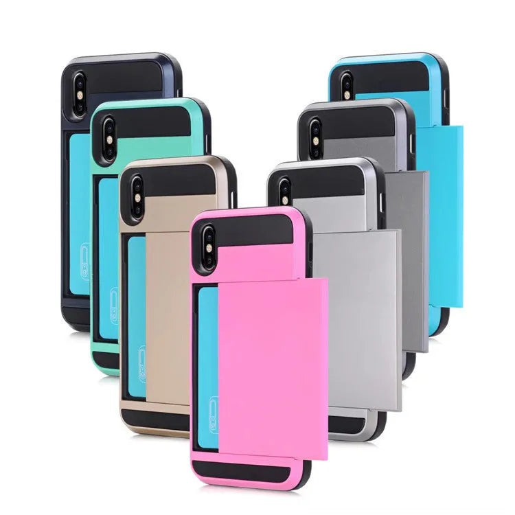 Card phone case for iPhone with TPU PC hard back, solid colour, and metal stamping finish on a black and gold model.