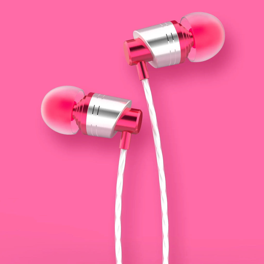 Black wired in-ear headphones with a 3.5mm plug, an in-line microphone, and silicone ear tips.