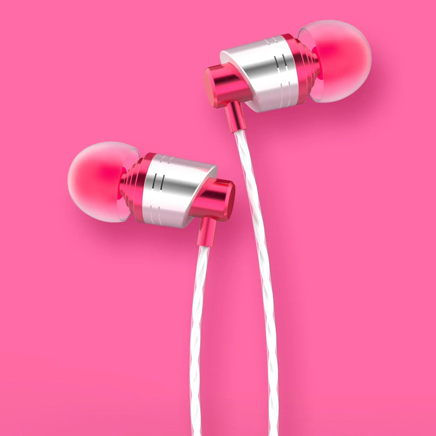 Black wired in-ear headphones with a 3.5mm plug, an in-line microphone, and silicone ear tips.