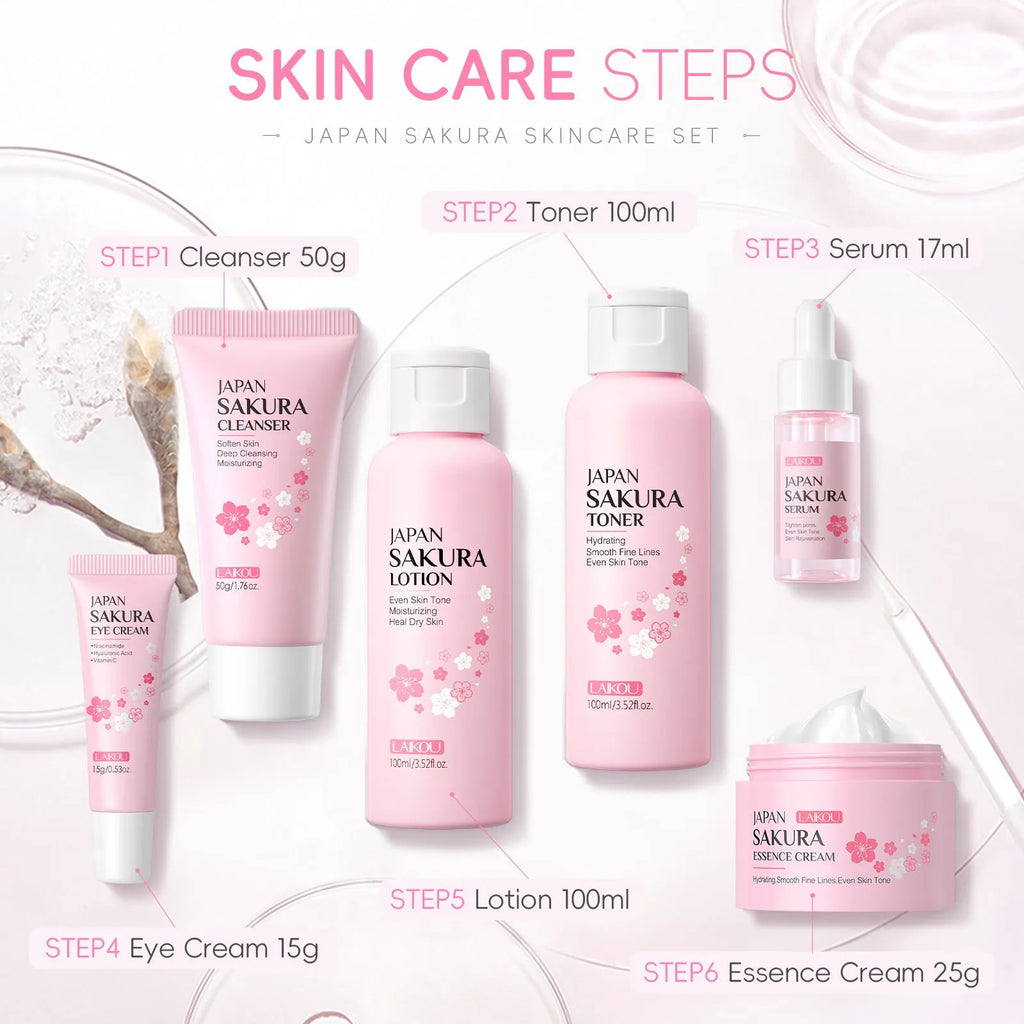 Cherry blossom skin care set with six facial products including cleanser, toner, cream, essence, and eye cream