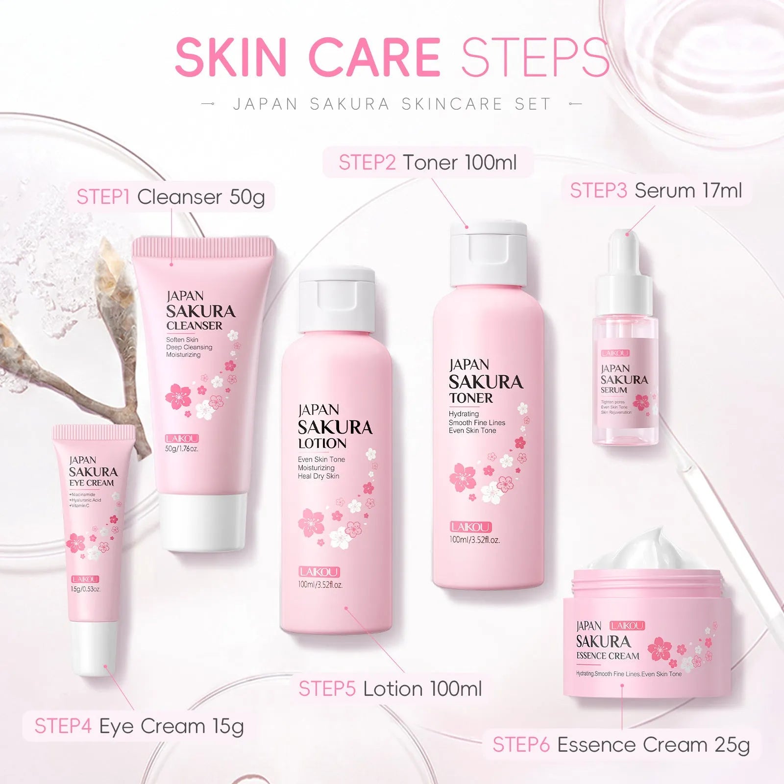 Cherry blossom skin care set with six facial products including cleanser, toner, cream, essence, and eye cream