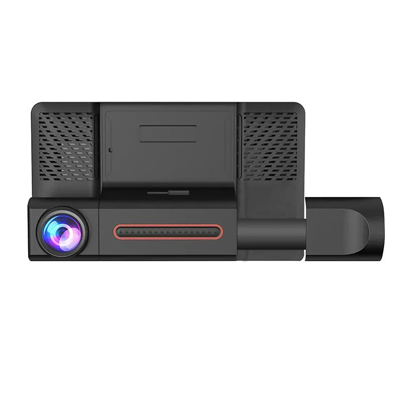 Black three lens dashboard camera with 4 inch screen for front and rear vehicle monitoring