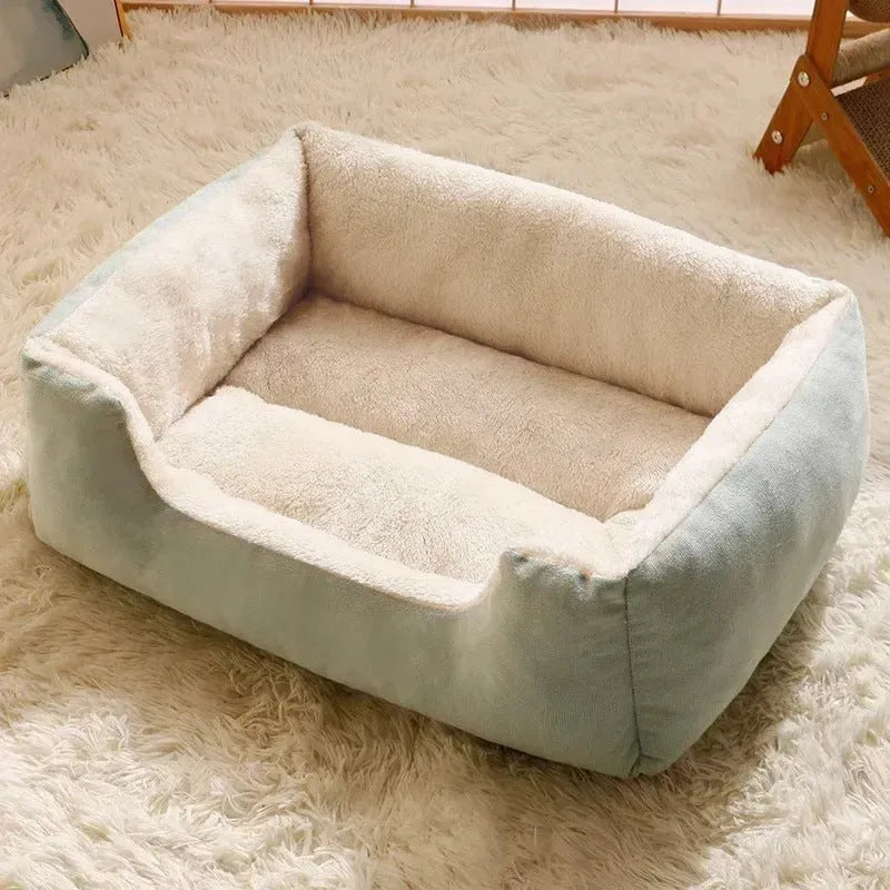 Short plush cat bed cushion shown in multiple sizes and colour options including black, coffee, grey, green and pink