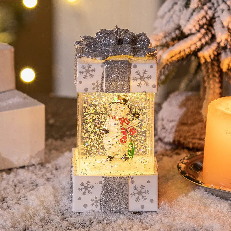 Christmas crystal ball gift box light in plastic, cartoon style, 5.5 x 5.5 x 11.5 cm, white snowman design