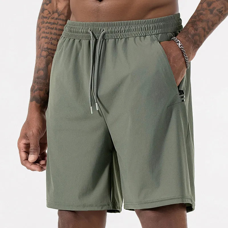 Men's black Ice Silk nylon quick-dry sports shorts with a high waist drawstring and cropped leg.