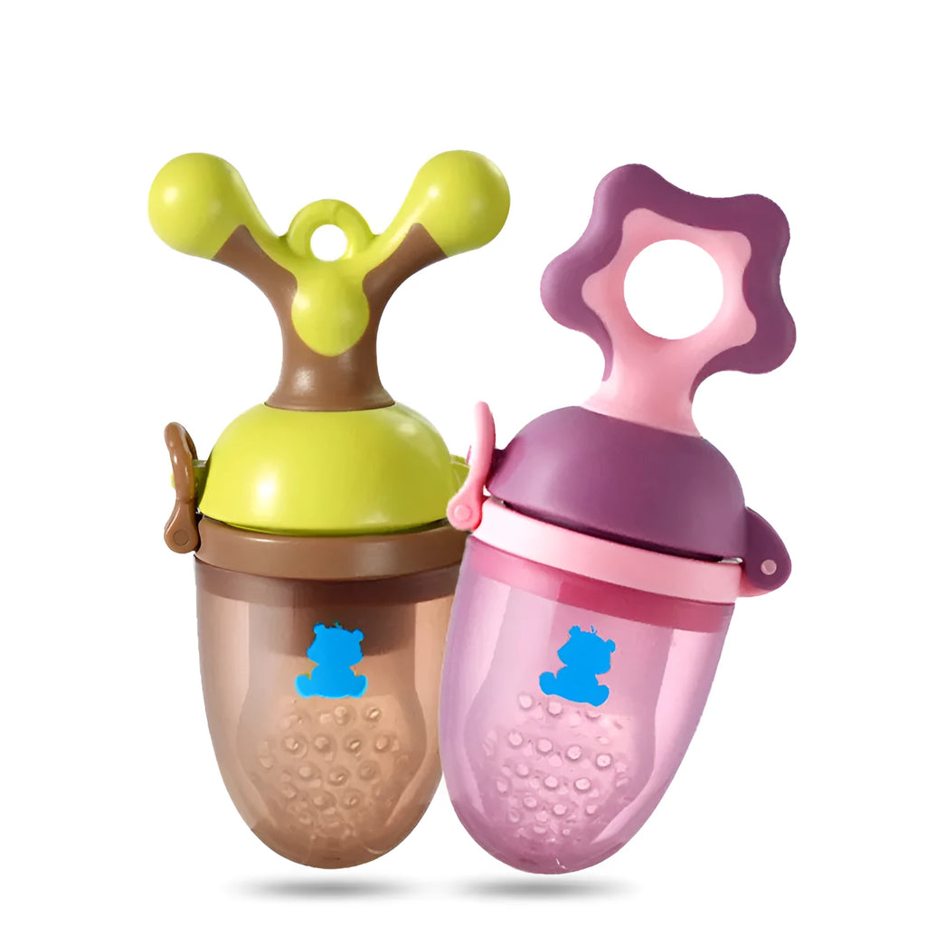 Green and purple silicone baby teether with textured chewing surfaces and a central handle.