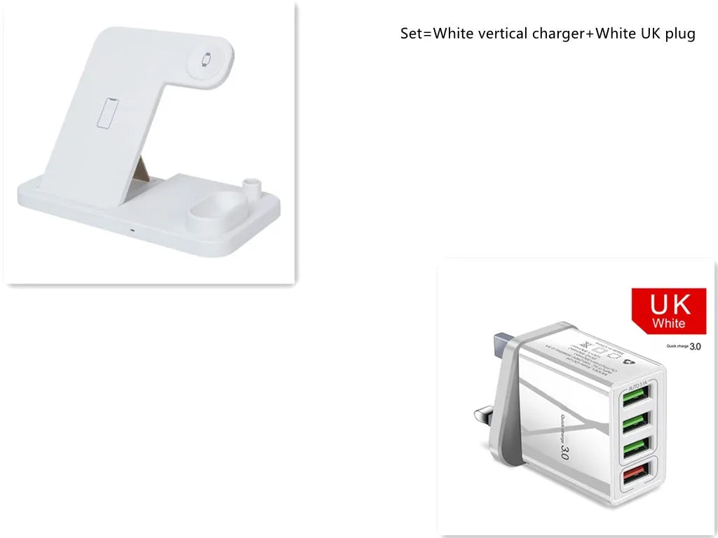 Black 4-in-1 wireless charging station with phone on adjustable stand, charging Apple Watch, AirPods, and Apple Pencil.