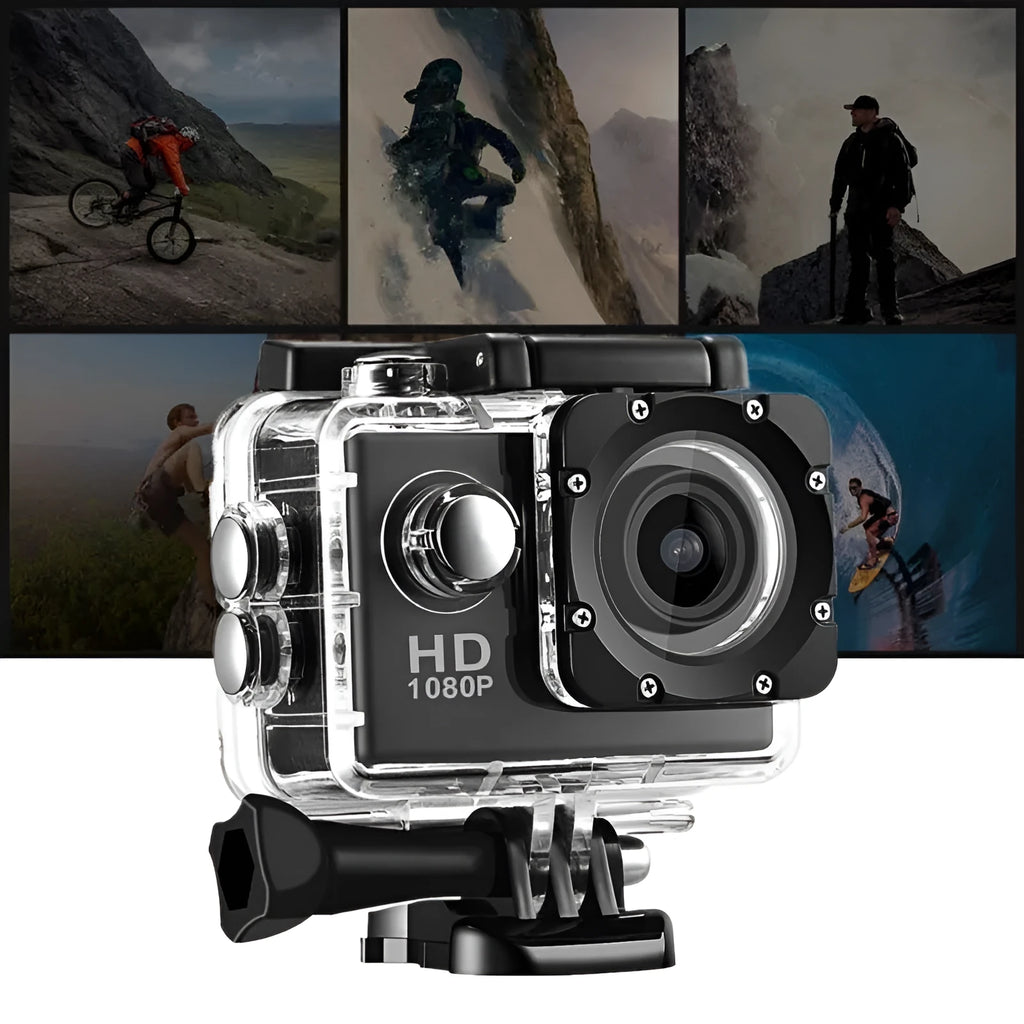 HD 1080P waterproof action sports camera in black with 140-degree wide-angle lens and 30m depth rating
