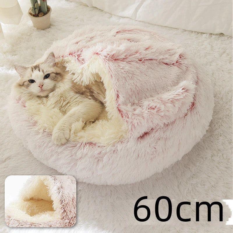 A soft, plush pet bed in various colors, including olive green, brown, pink, and grey, designed for the comfort and relaxation of cats and dogs.