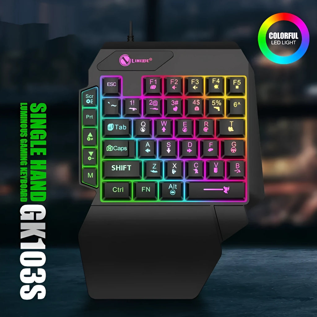 GK103S one-handed luminous gaming mechanical keyboard with mouse converter on a desk.