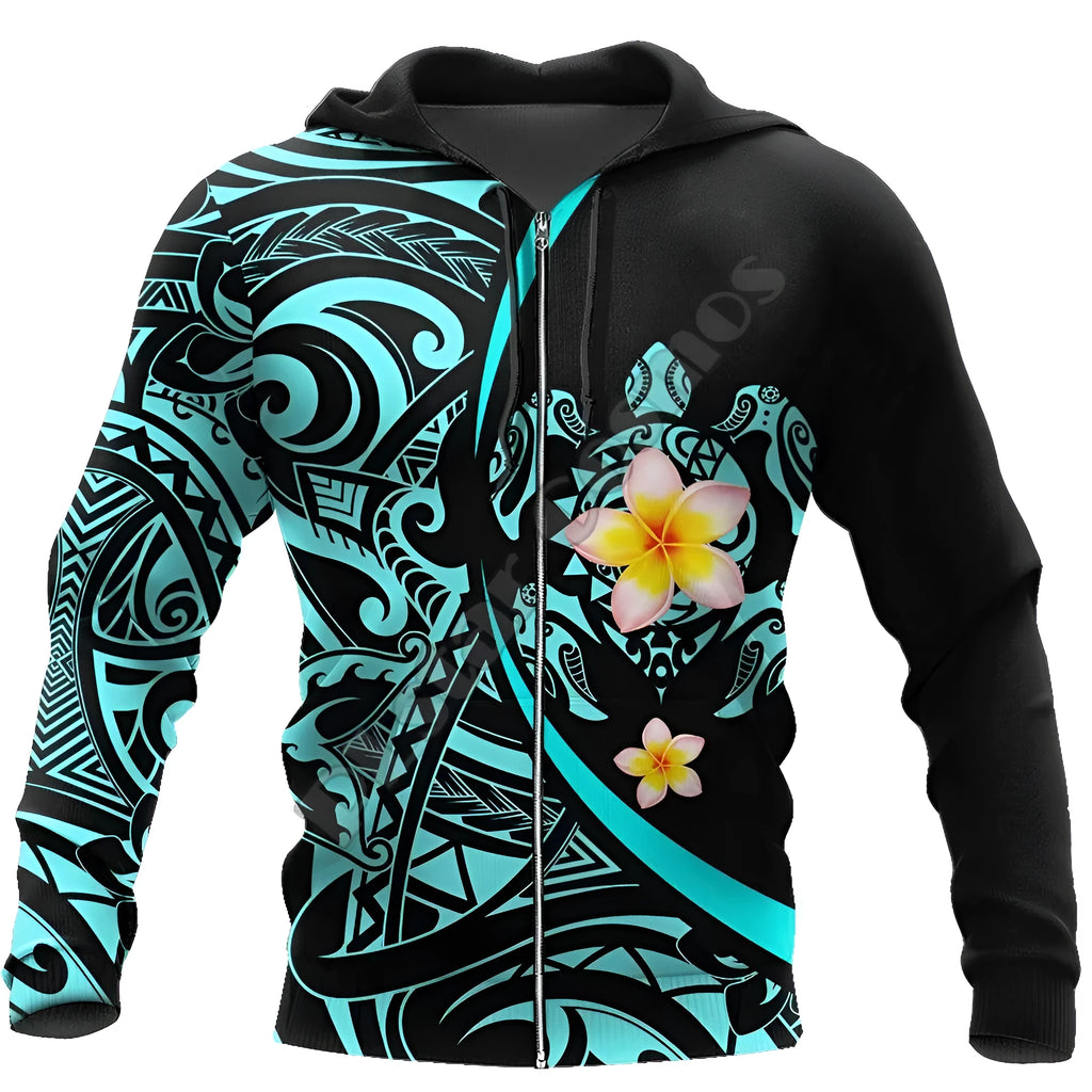 A loose fit 3D turtle print zipper hoodie in polyester with a front zipper and hood, available in multiple Asian sizes.