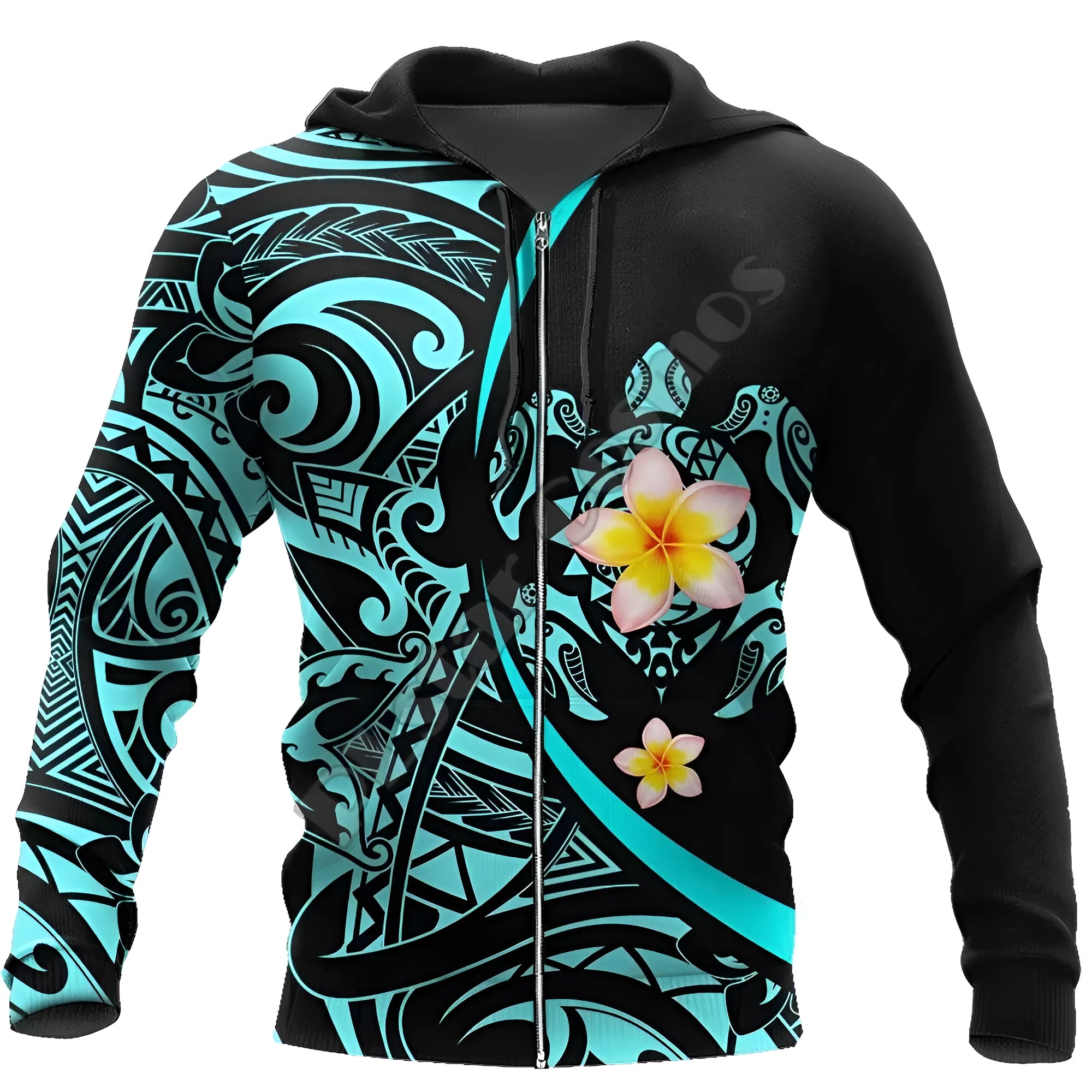 A loose fit 3D turtle print zipper hoodie in polyester with a front zipper and hood, available in multiple Asian sizes.