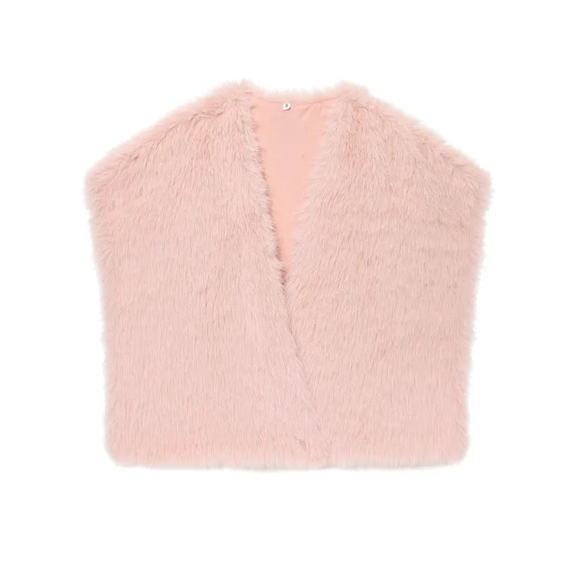 Short faux fur vest for women in beige colour, autumn fashion layering piece
