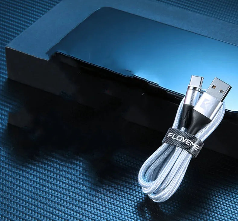 Black 3A fast charge magnetic data cable with 3-in-1 connector for iPhone, Android and Type-C.