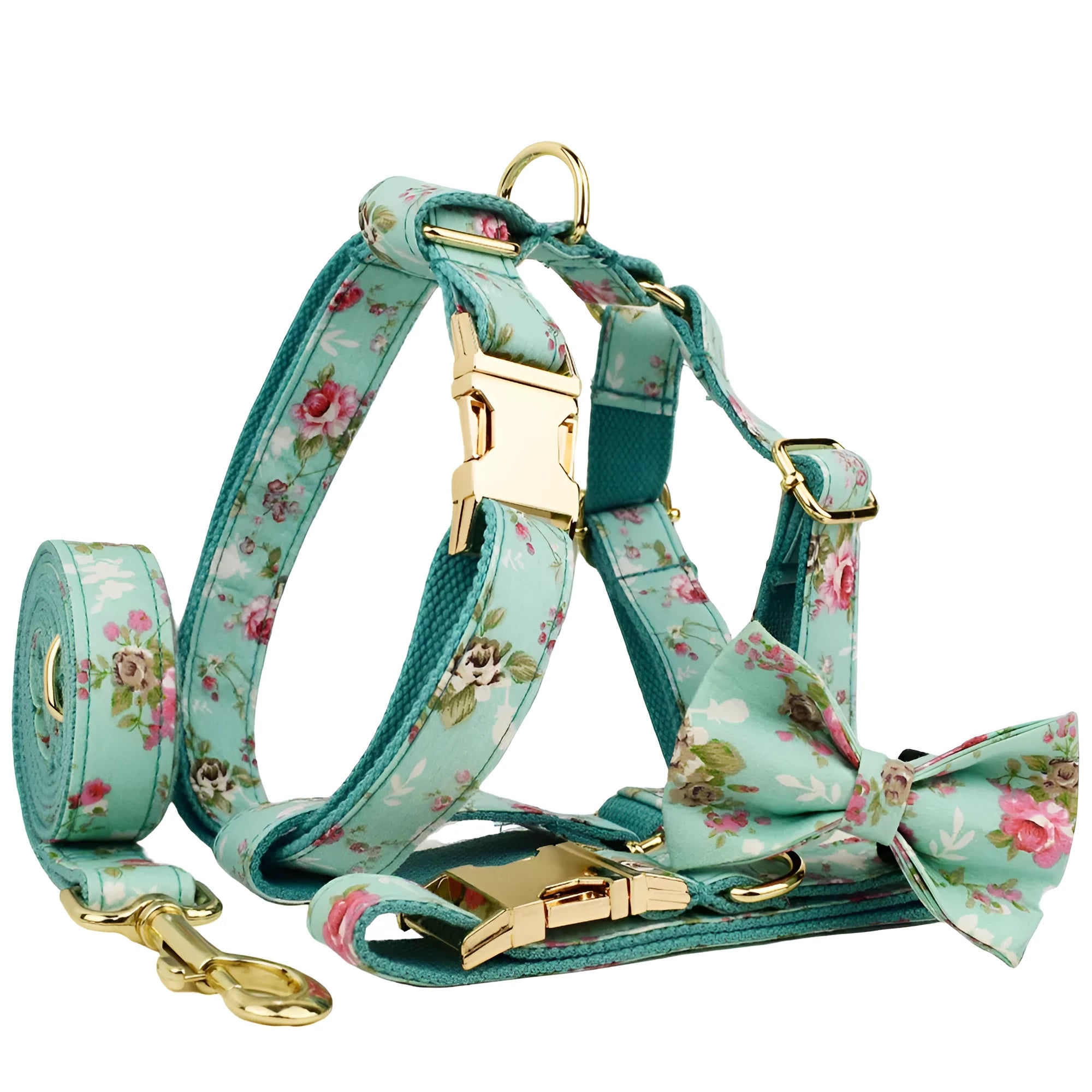 Rose pattern on green background fabric dog collar, leash, bow and vest four-piece pet set