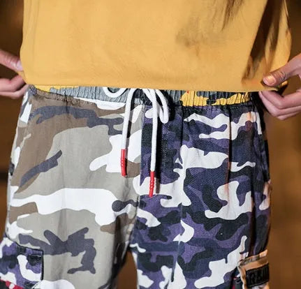 Men's loose fit camouflage five-point cotton trousers, mid-rise waist, available in sizes M to 5XL