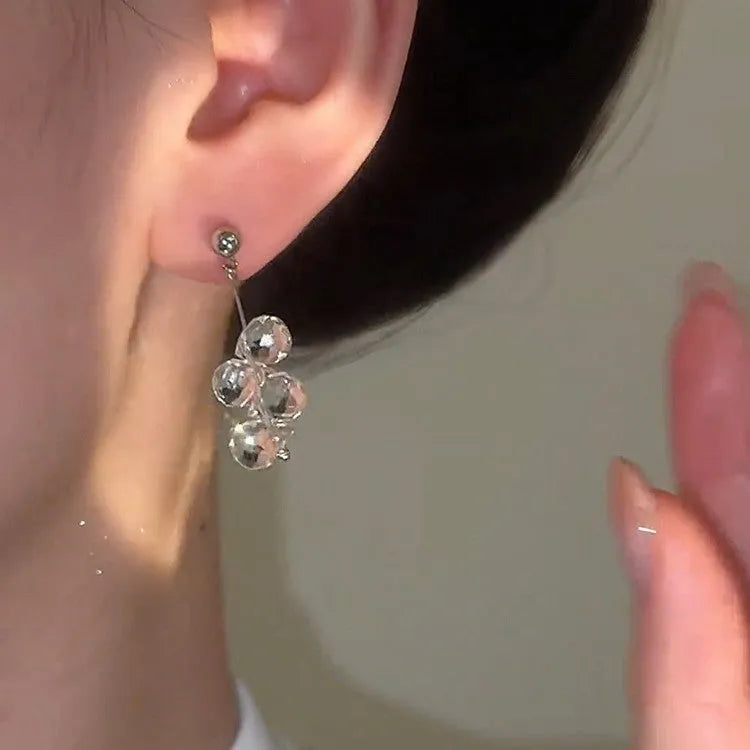Silver needle crystal tassel earrings with geometric round shape and silver needle-silver colour for women