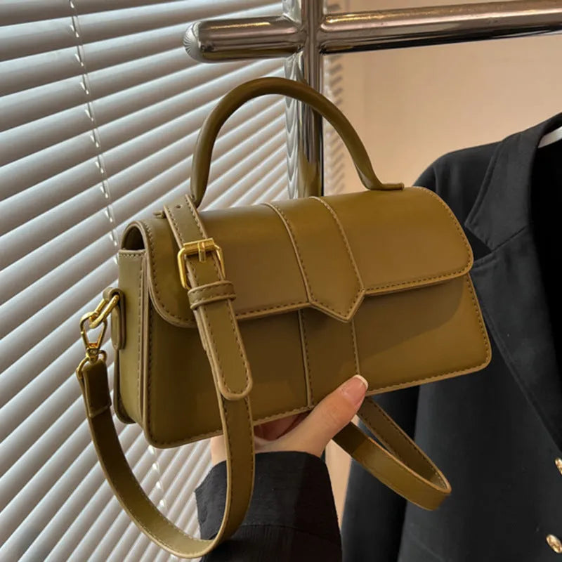 Women's beige PU leather messenger bag with sandwich pocket and horizontal square design