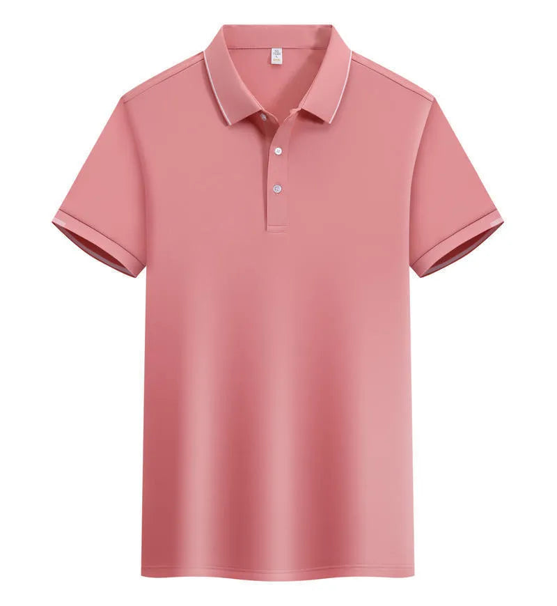 Men's loose fit cotton blend short sleeve polo shirt with a secondary collar lapel.
