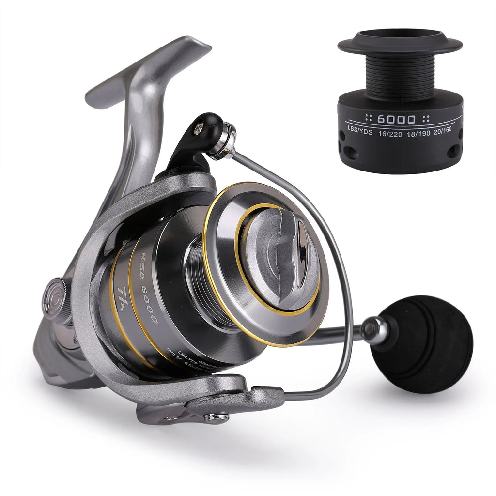 Silver sub fishing line wheel spinning reel with metal wire cup, folding rocker arm and copper gear bar, sizes KSA1000 to KSA5000