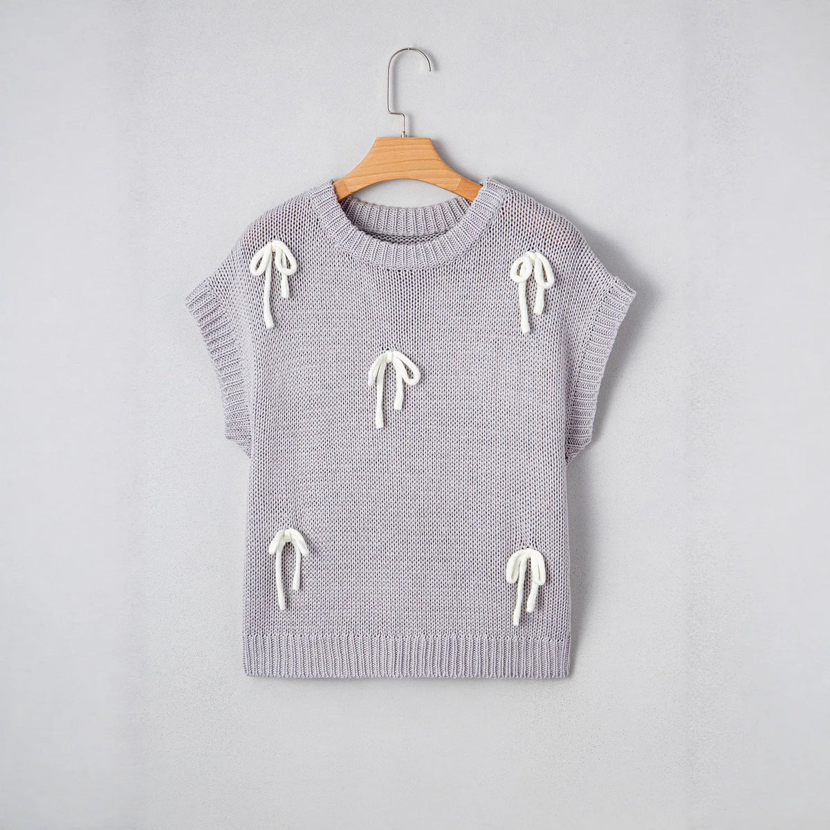 Women's short sleeve hollow-out pullover top in light grey or beige, loose fit, acrylic batwing sleeve, sizes S-XL