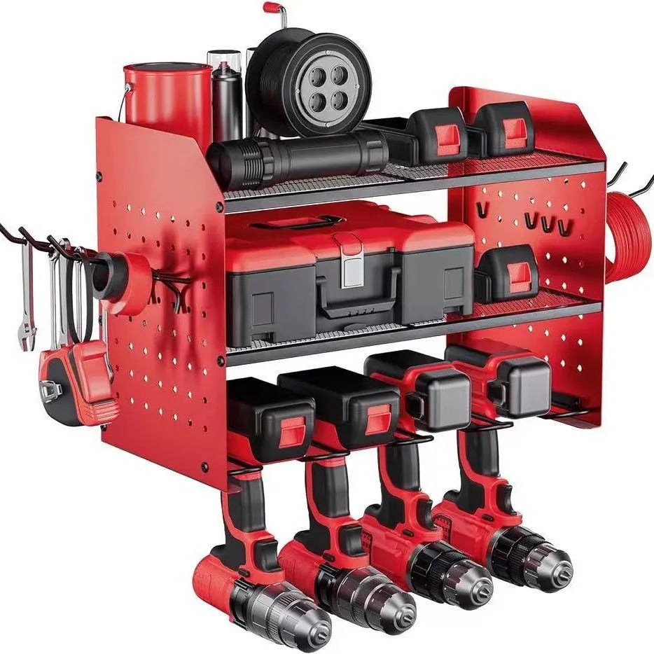 Wall-mounted carbon steel three-layer tool rack holding electric drills and screwdrivers in a garage