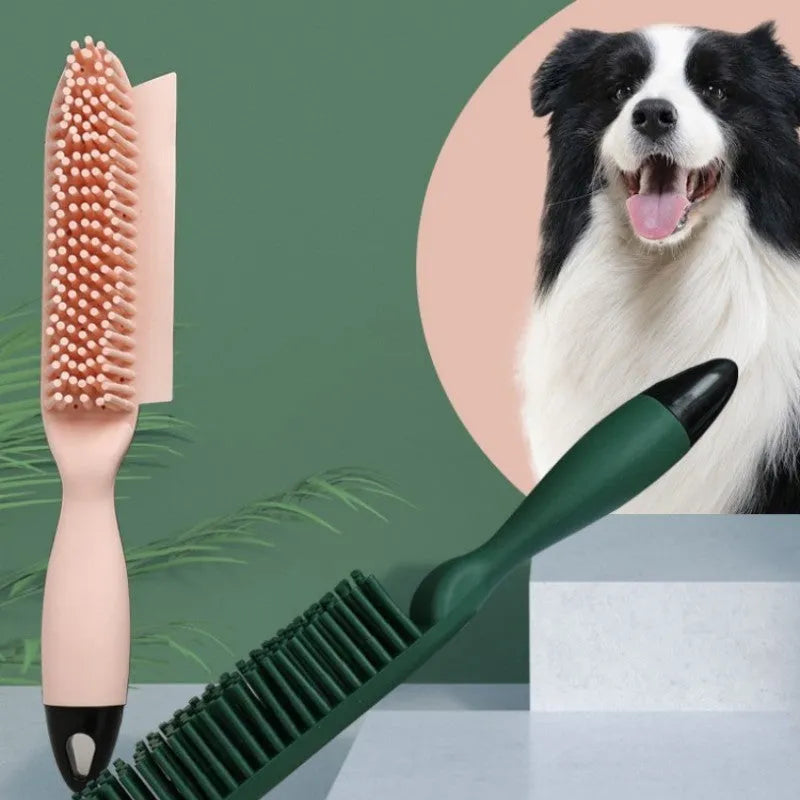 Green pet grooming brush with rubber handle and flexible bristles for removing hair from dogs, cats and clothing