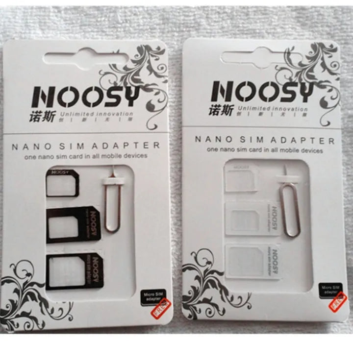 Three-piece SIM card cutting kit with nano SIM trays and micro adapter in black or white