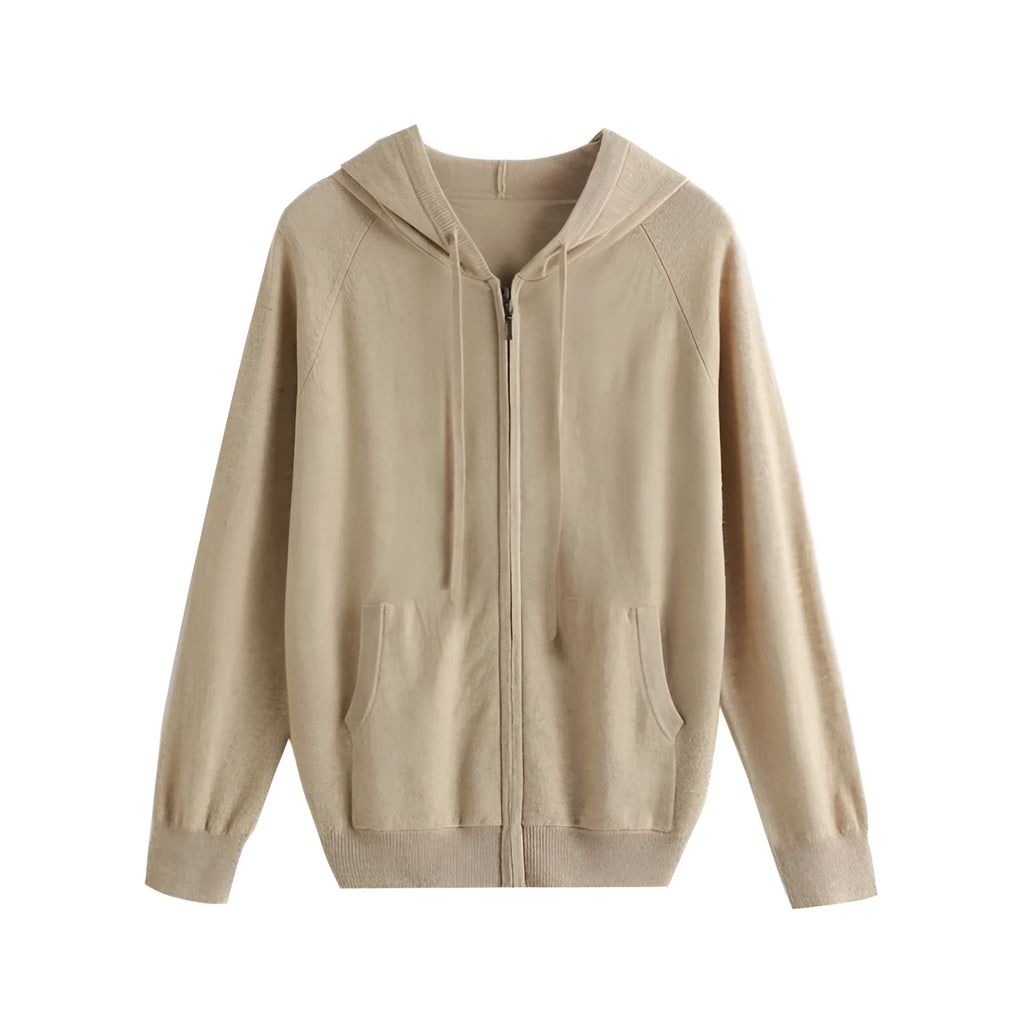 Men's grey hooded cashmere cardigan with full zip front and long sleeves