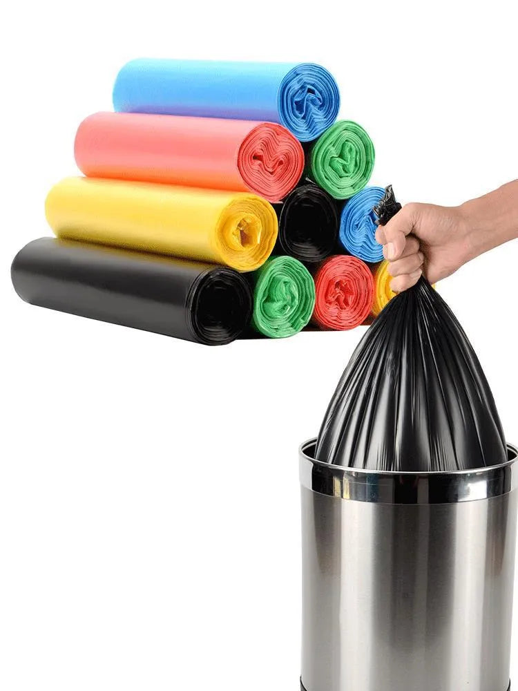 Roll of thickened black disposable plastic kitchen bags with flat-mouth design showing 50x60cm dimensions