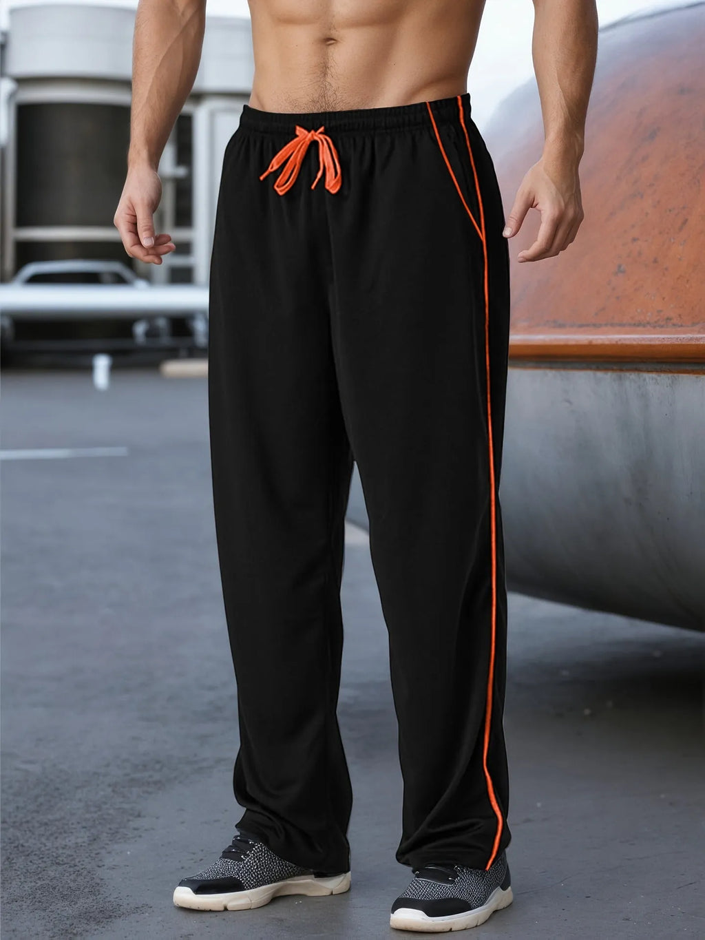 Men's loose sports jogging pants in black green with high waist and straight leg bamboo fibre fabric