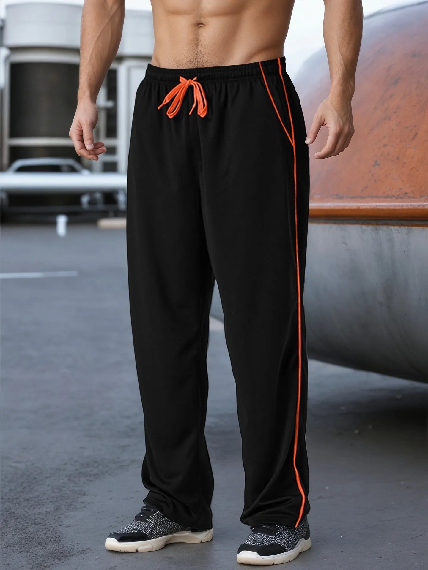 Men's loose sports jogging pants in black green with high waist and straight leg bamboo fibre fabric