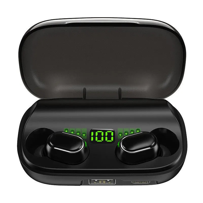 Black TWS XT01 Bluetooth earphones with digital display and charging case with Type-C port