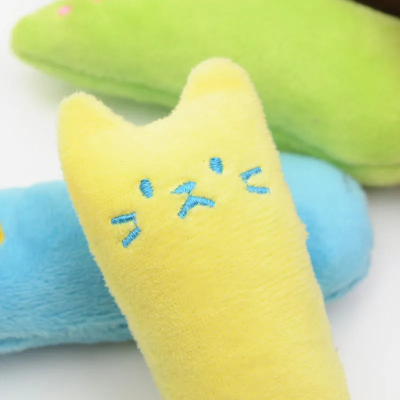 Interactive catnip plush toy for cats in rose red and green on a light background