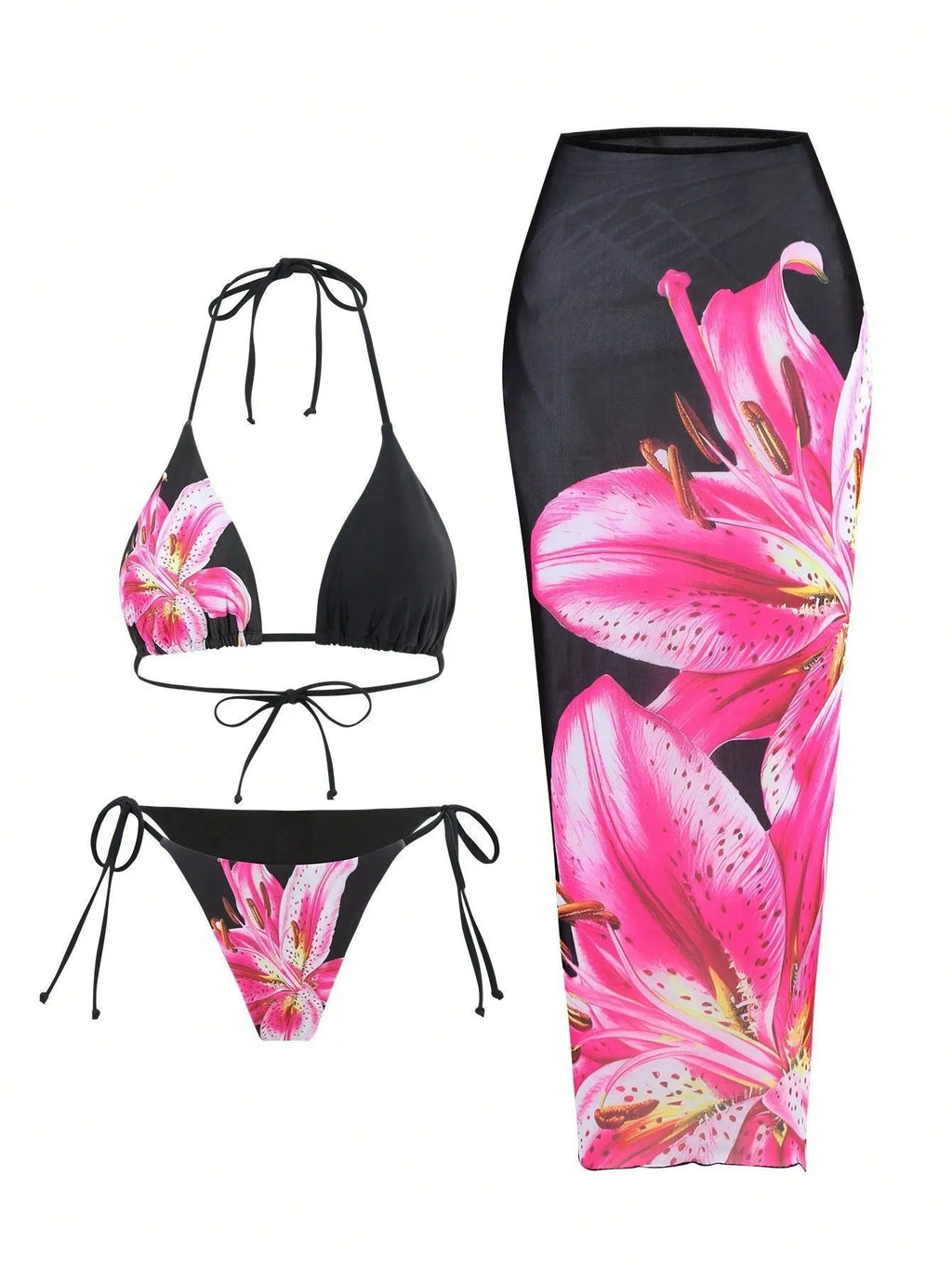 Women's printed bikini three-piece set with black red flowers and matching wrap skirt in polyester