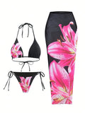 Women's printed bikini three-piece set with black red flowers and matching wrap skirt in polyester