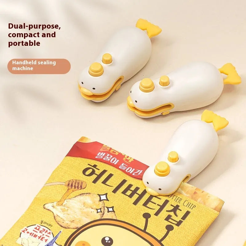 Small yellow duck-shaped rechargeable sealing machine with animal jacquard pattern