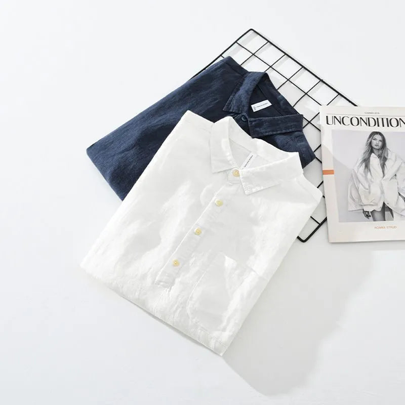 Men's Japanese-style long sleeve linen pullover shirt with square collar, fleece lining, white or sapphire blue