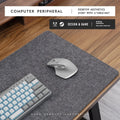 A grey and black felt cork desk mat with a mouse on it, shown on a wooden desk.